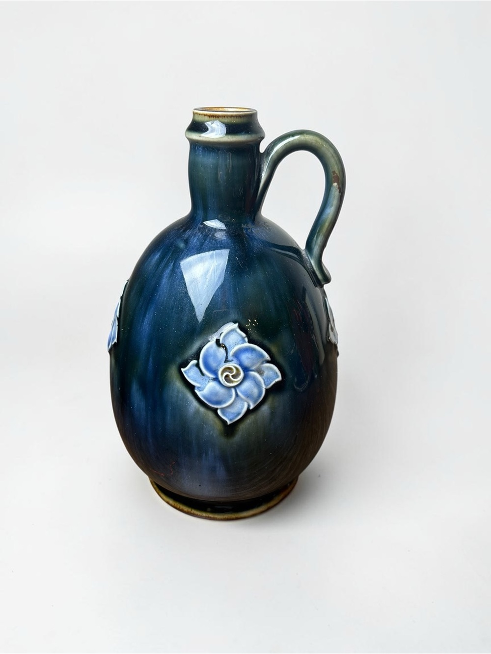 Vintage Blue Green Drip Glaze Ceramic Jug Vase Floral Pottery Signed